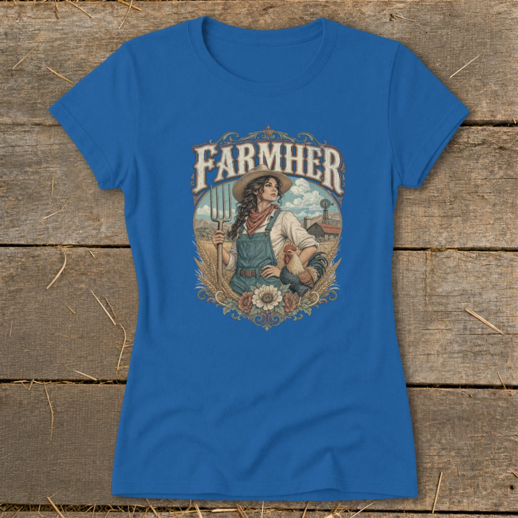 "FarmHer" graphic on blue t-shirt featuring woman with pitchfork, rooster, and farm landscape.