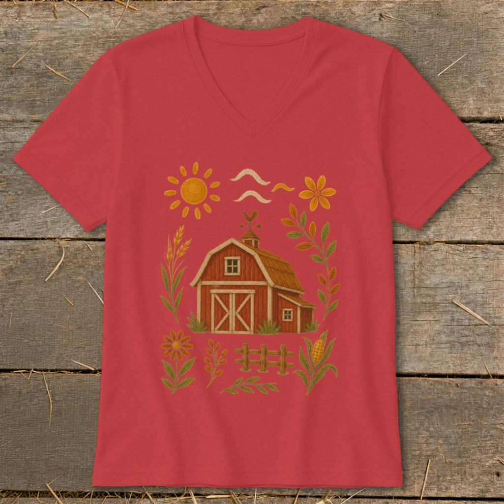 Red v-neck t-shirt with a rustic barn and farm graphic.