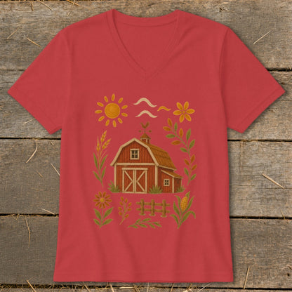 Red v-neck t-shirt with a rustic barn and farm graphic.