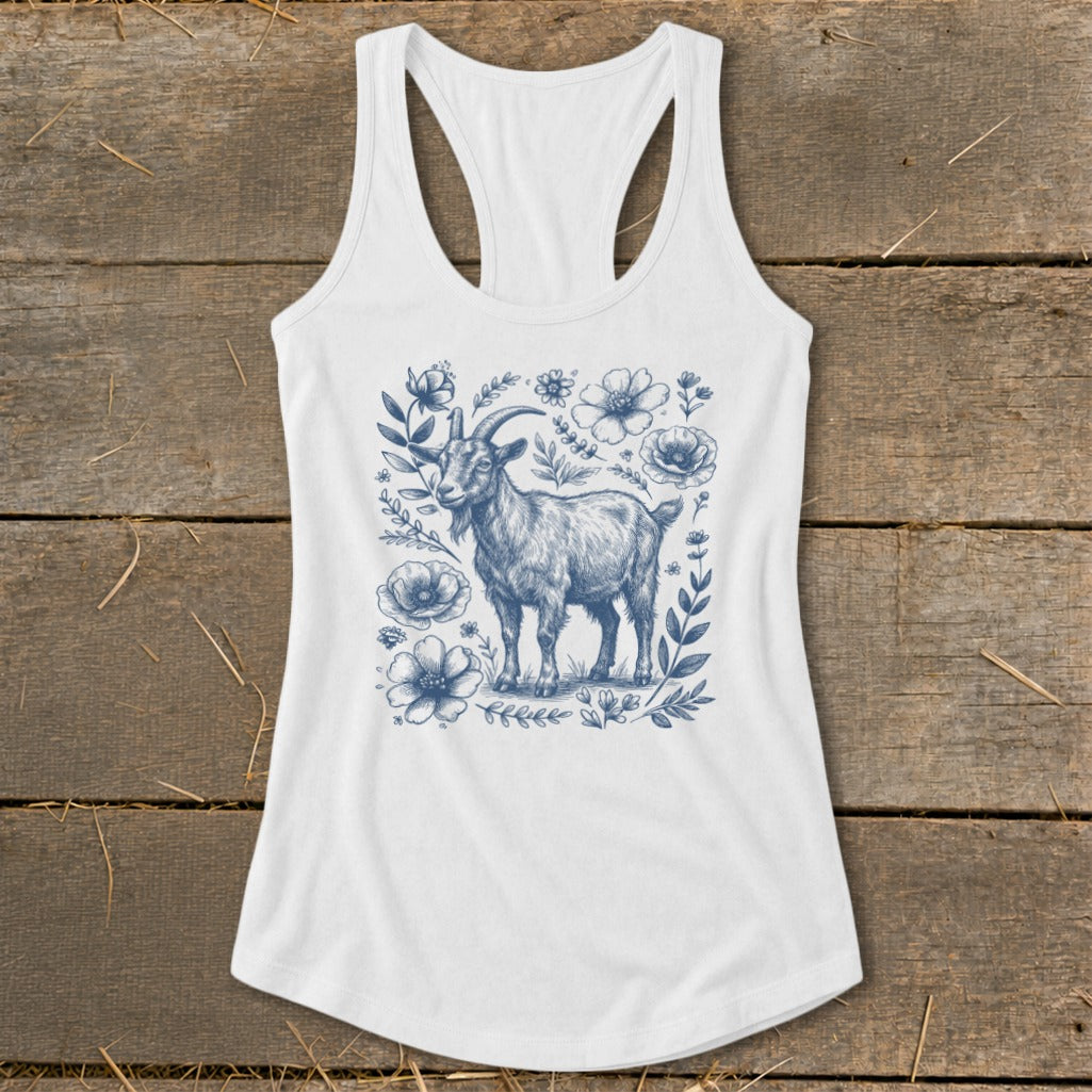 White tank top with blue sketch of a goat surrounded by flowers.