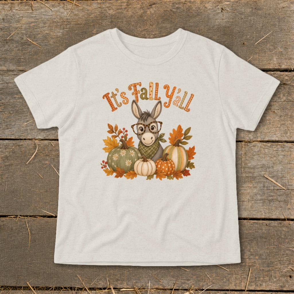 Donkey with glasses and pumpkins with "It's Fall Y'all" text.