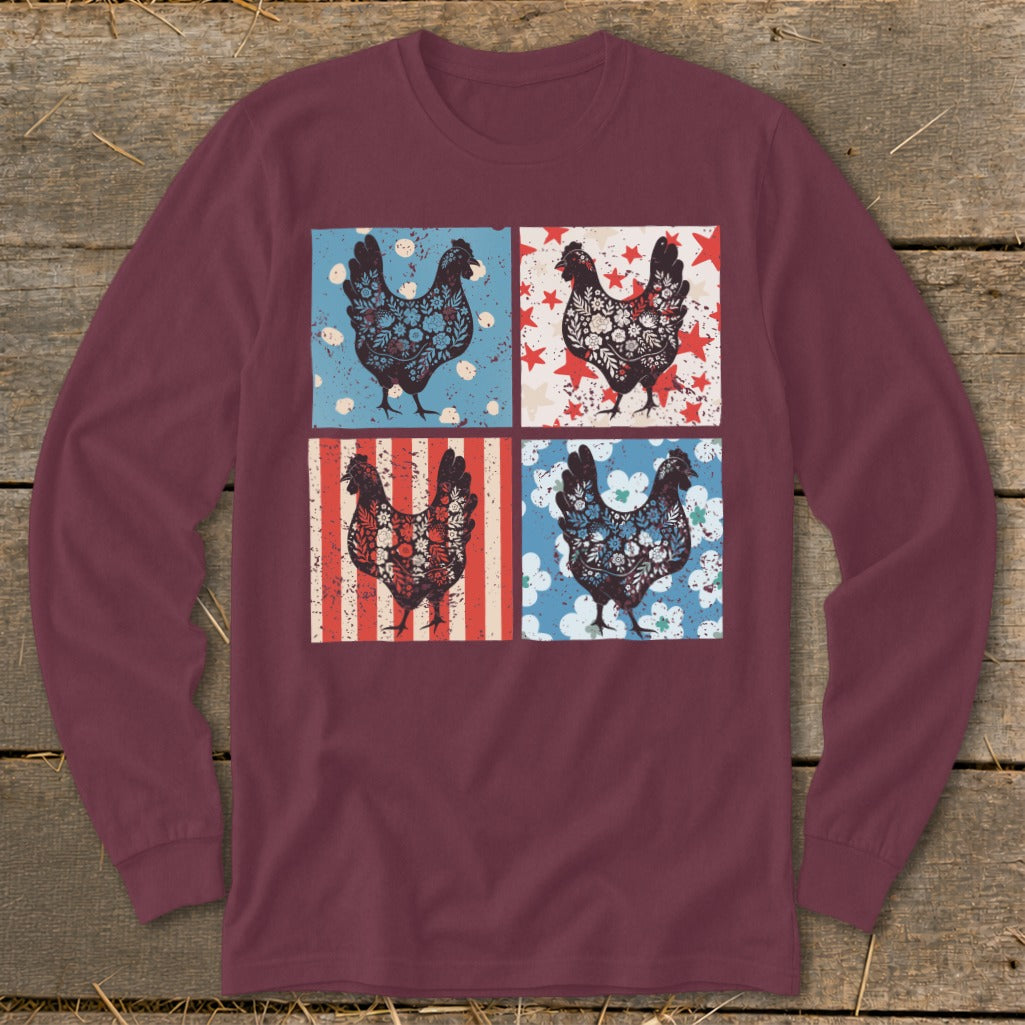 Maroon long-sleeve shirt featuring four squares with patterned chickens.