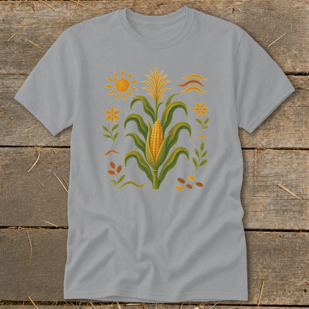Grey t-shirt with a folk art style corn stalk and sun design.
