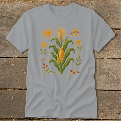 Grey t-shirt with a folk art style corn stalk and sun design.