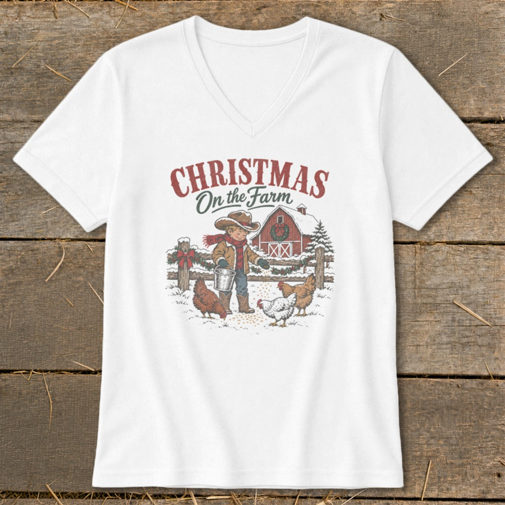 Christmas On the Farm graphic with a boy, chickens, and a barn in snow.