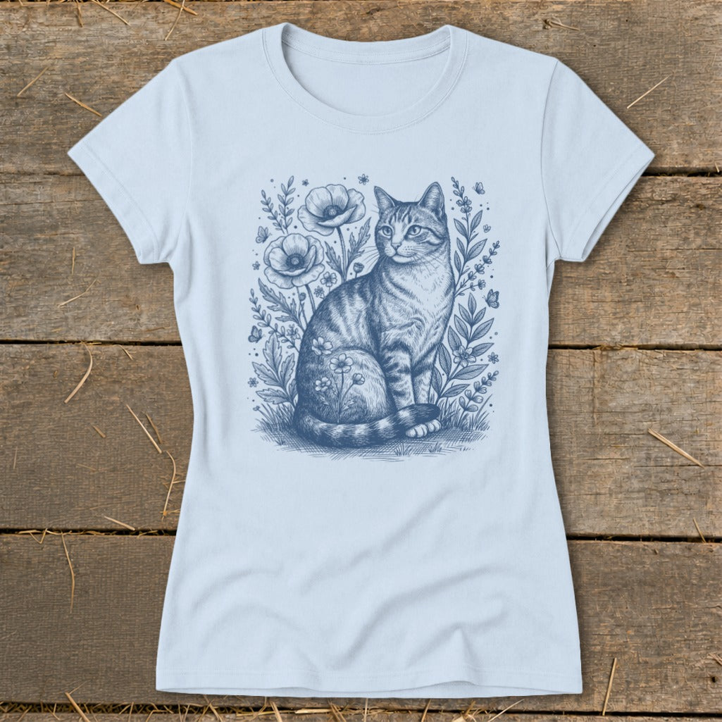Light blue t-shirt with a detailed sketch of a tabby cat sitting among flowers and butterflies.
