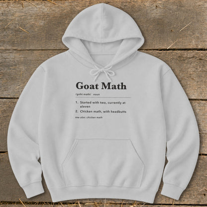 White hoodie with "Goat Math" definition printed on the front.