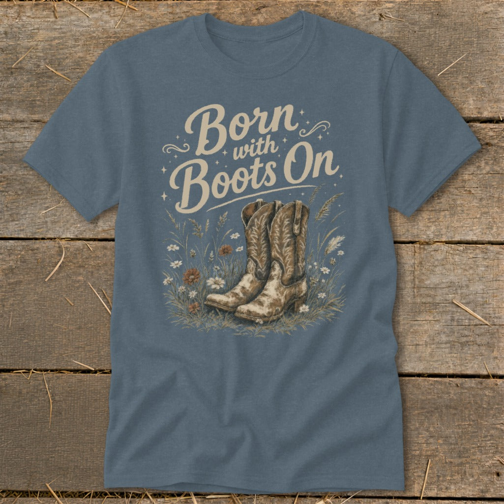 Blue t-shirt with "Born with Boots On" text and cowboy boots illustration.