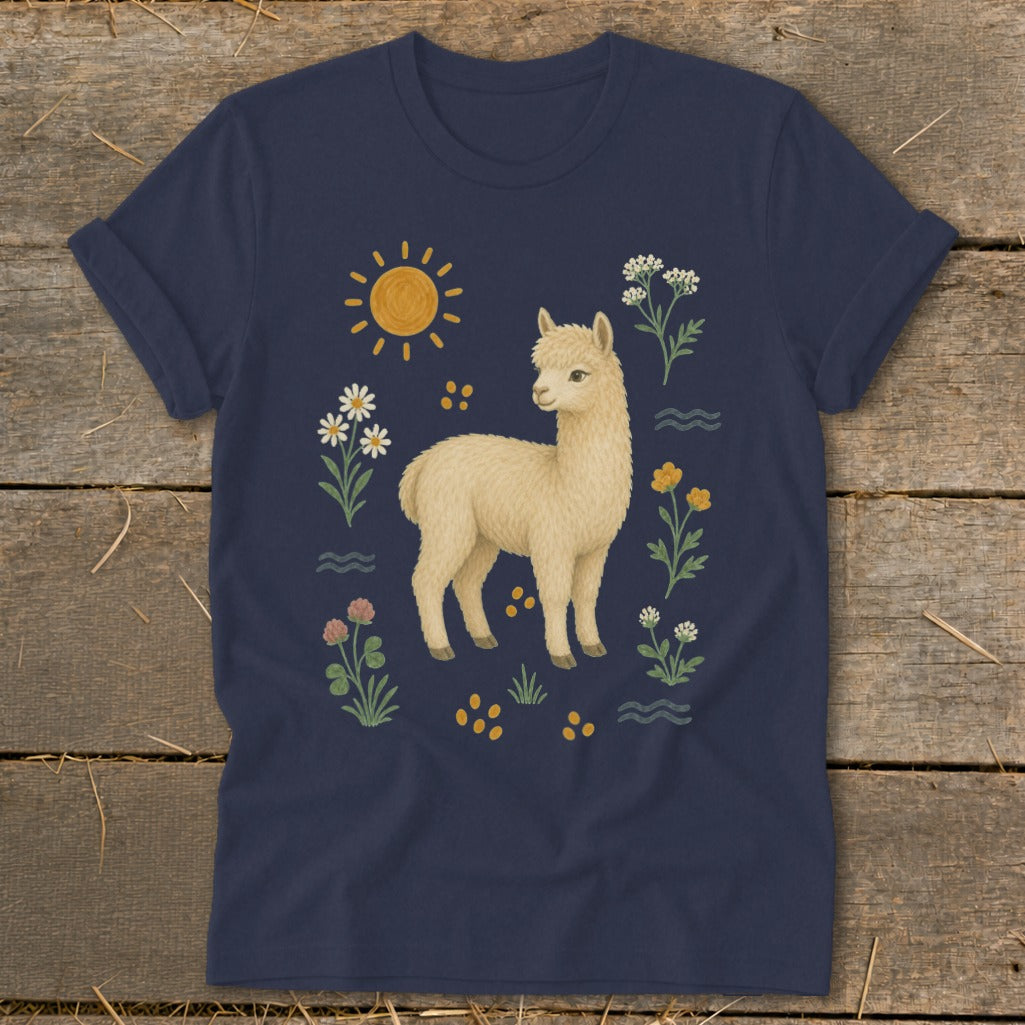 Navy t-shirt with a cream-colored alpaca and colorful floral design.
