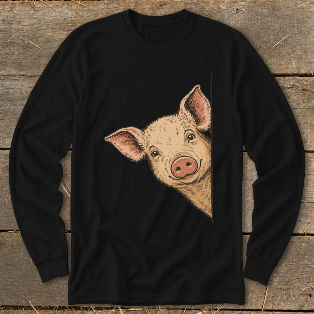 Black long-sleeve shirt with a drawing of a smiling pig peeking from the side.