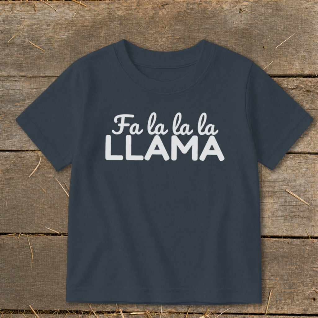 Dark blue t-shirt with white text that reads "Fa la la la la LLAMA".
