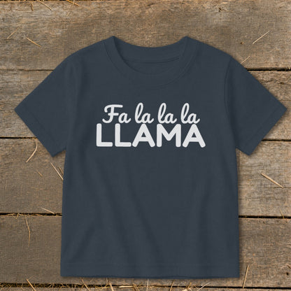 Dark blue t-shirt with white text that reads "Fa la la la la LLAMA".