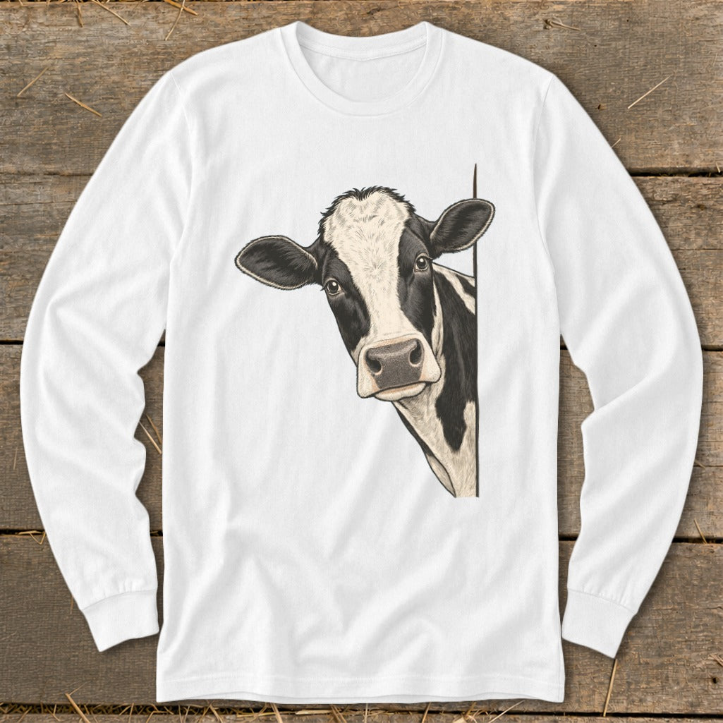White long-sleeved shirt with a black and white cow peeking from the side.