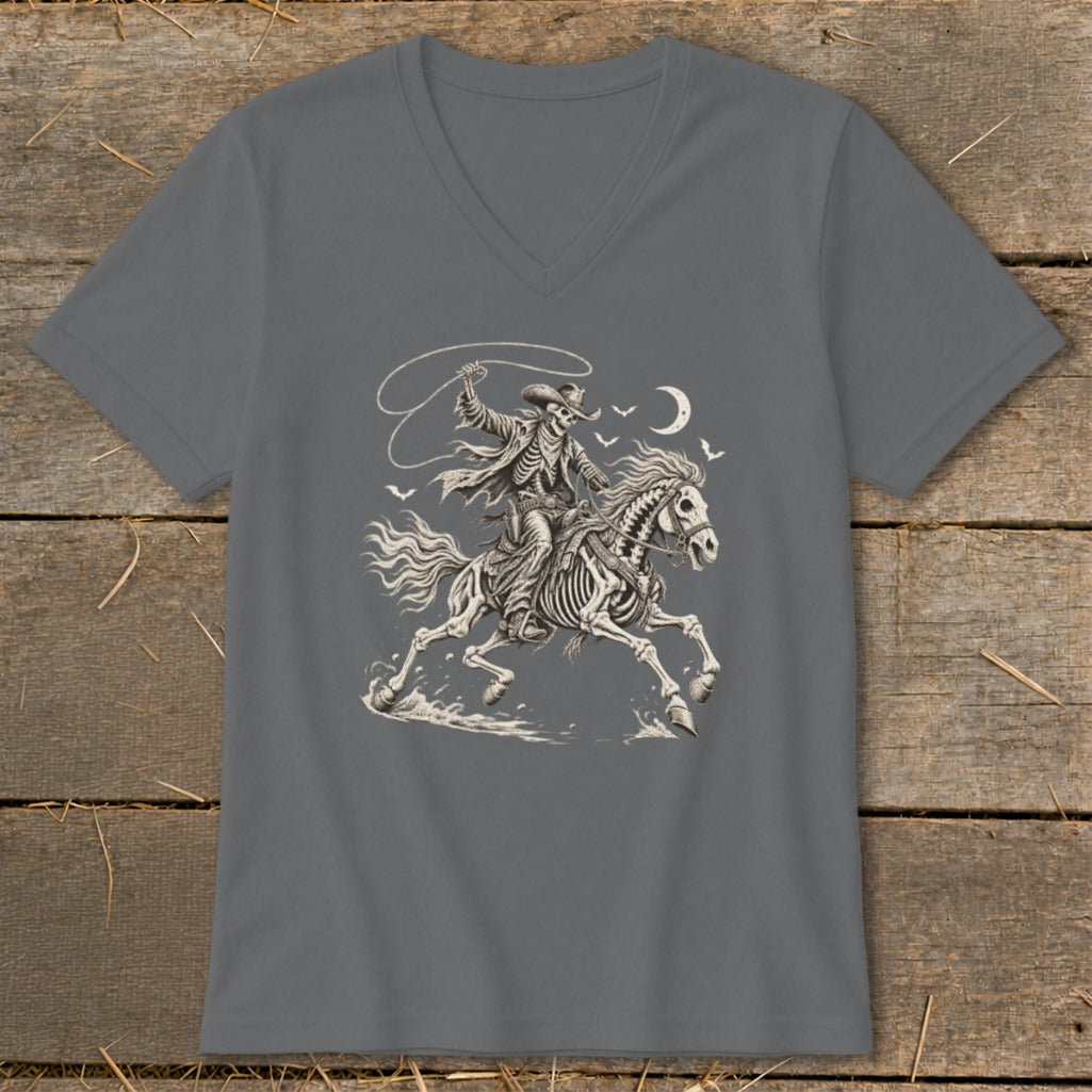 Skeleton cowboy riding a skeletal horse with a lasso under a crescent moon.