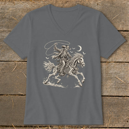 Skeleton cowboy riding a skeletal horse with a lasso under a crescent moon.