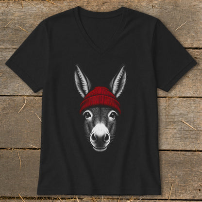 A black V-neck t-shirt featuring a front graphic of a donkey wearing a red beanie.
