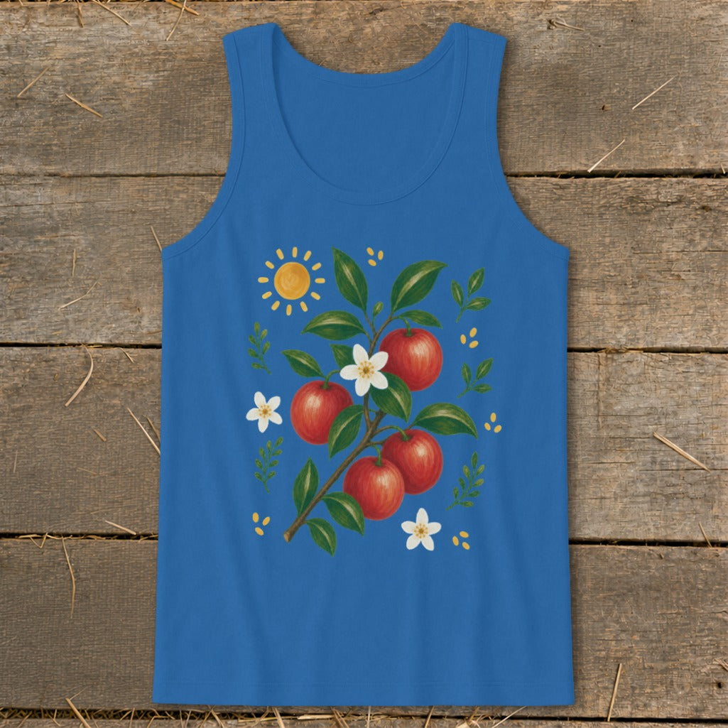 Blue tank top with illustration of apples on a branch and a sun.