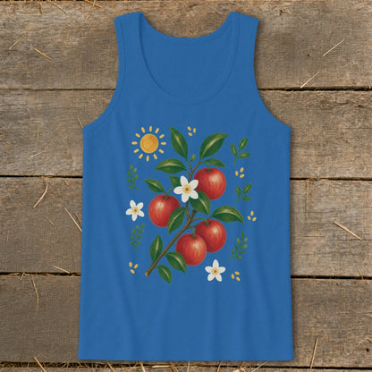 Blue tank top with illustration of apples on a branch and a sun.