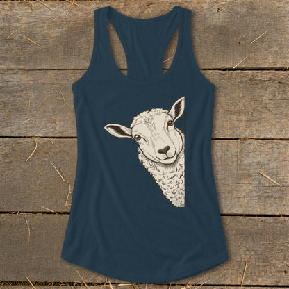 Navy tank top with a peeking sheep illustration on the left side.