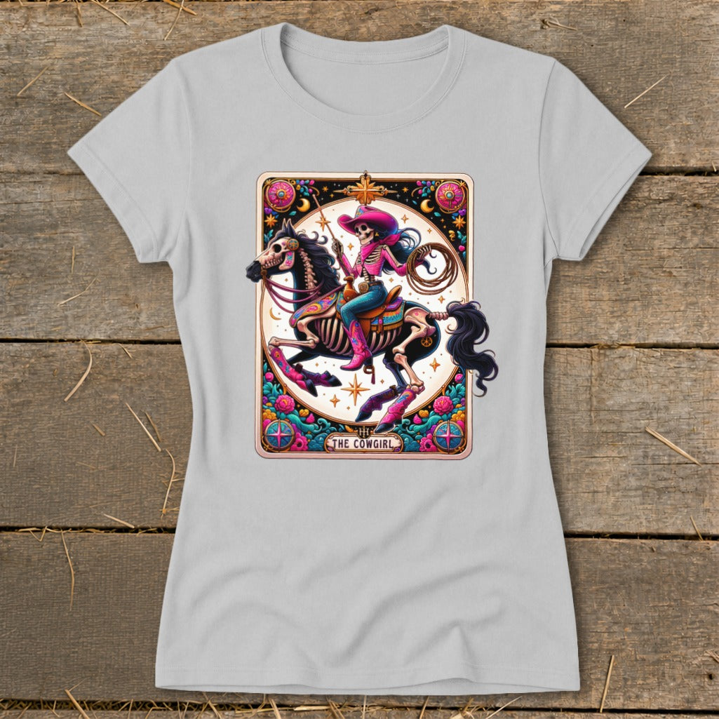 Skeleton cowgirl in pink hat and boots riding a horse, with text "The Cowgirl".