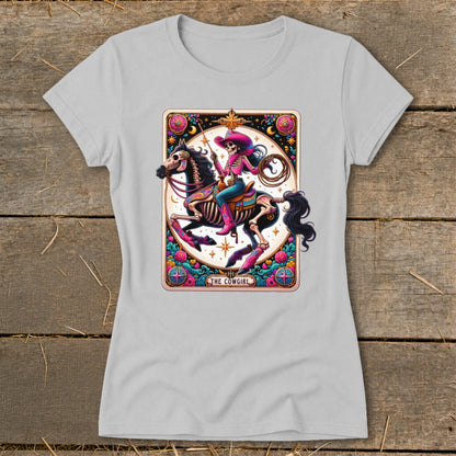 Skeleton cowgirl in pink hat and boots riding a horse, with text "The Cowgirl".