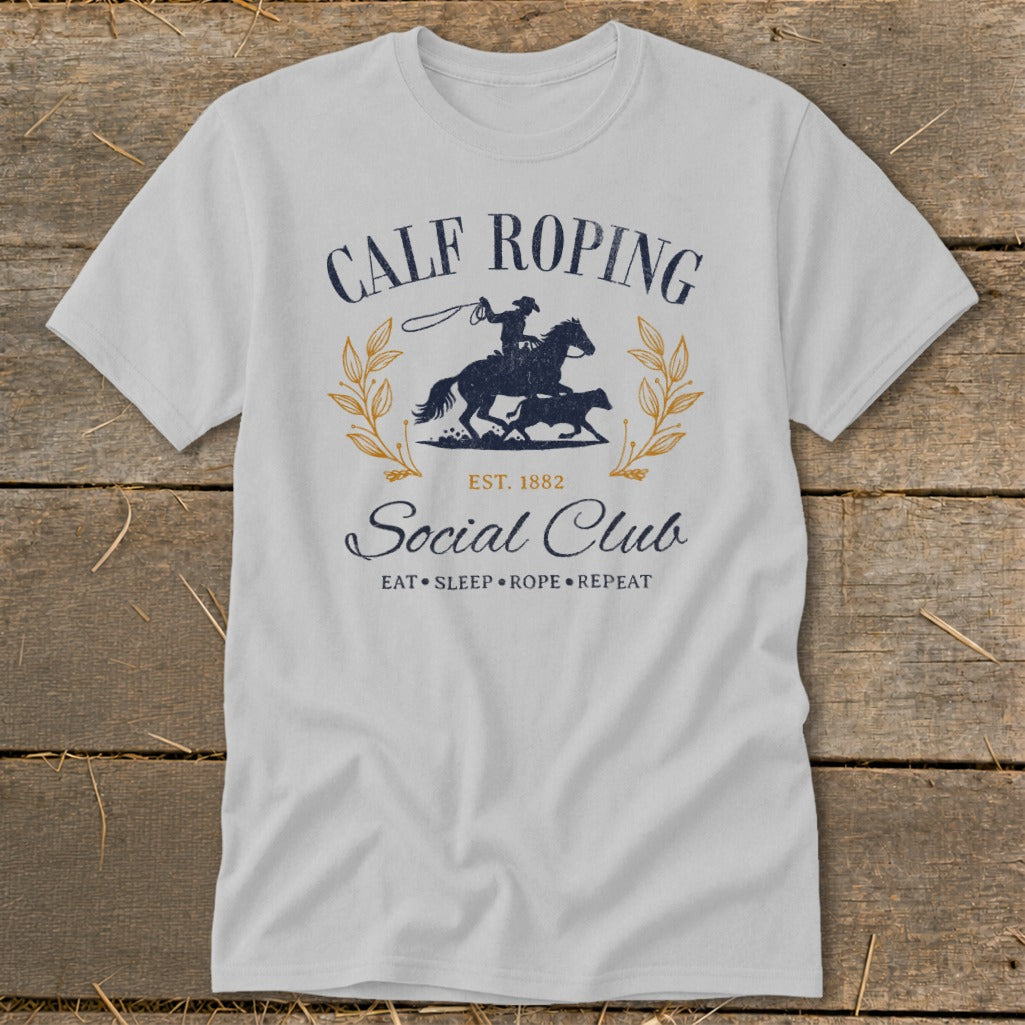 Calf roping Social Club t-shirt with cowboy, horse, calf, and rope design.