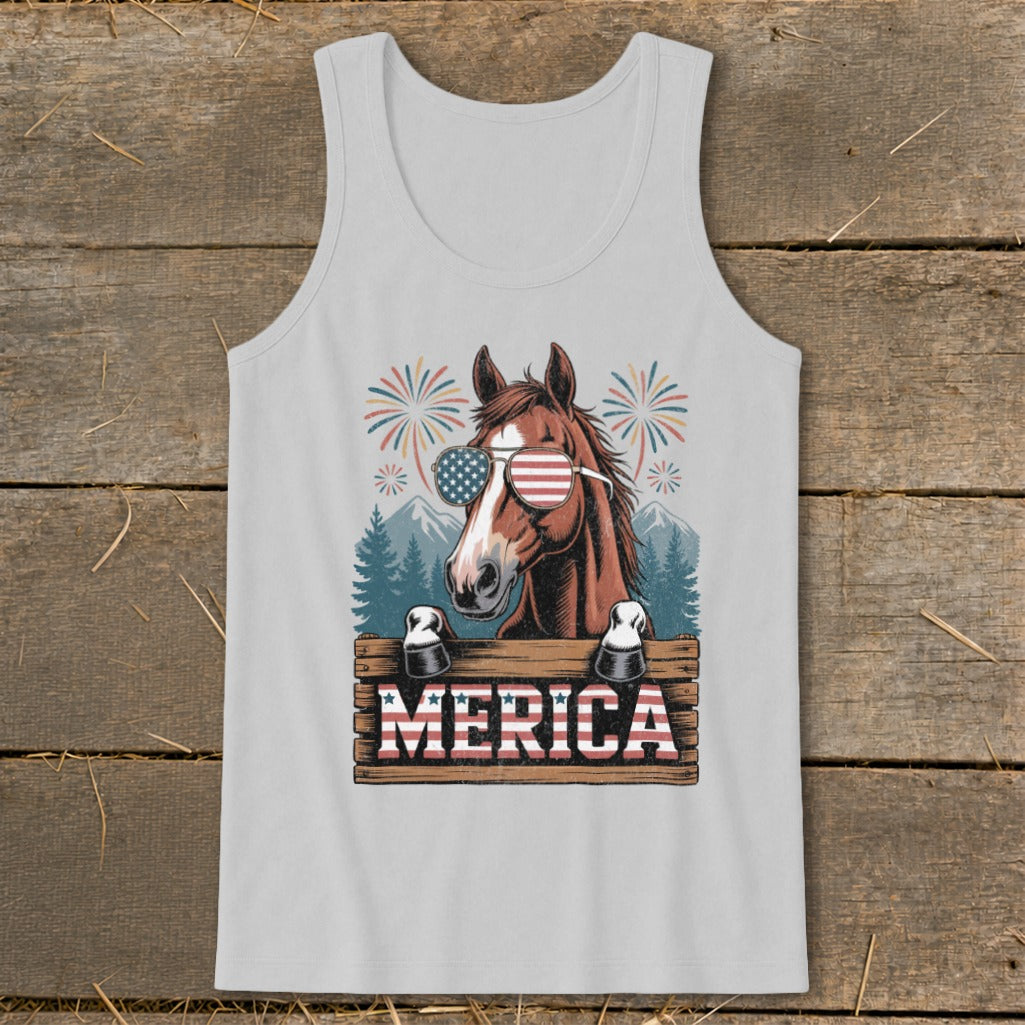 Horse wearing American flag sunglasses with fireworks and "MERICA" text.