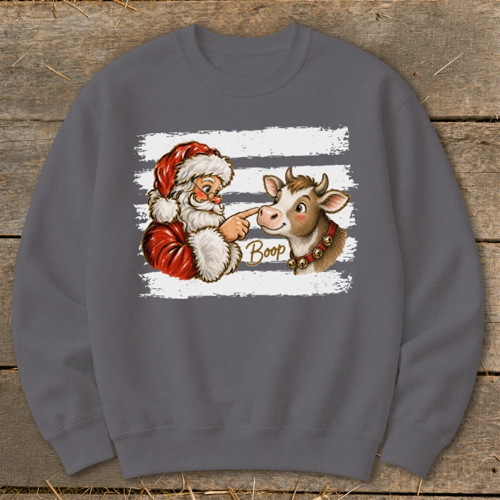 Santa booping a cow with "Boop" text on a gray sweatshirt.