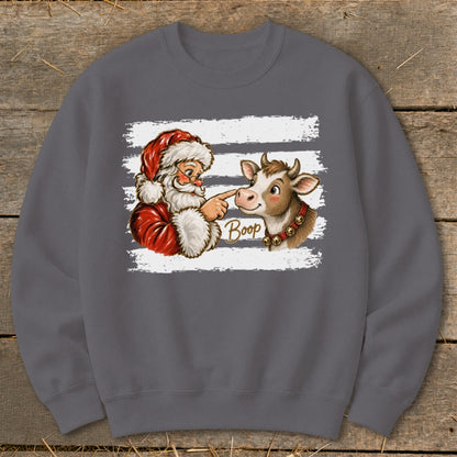 Santa booping a cow with "Boop" text on a gray sweatshirt.