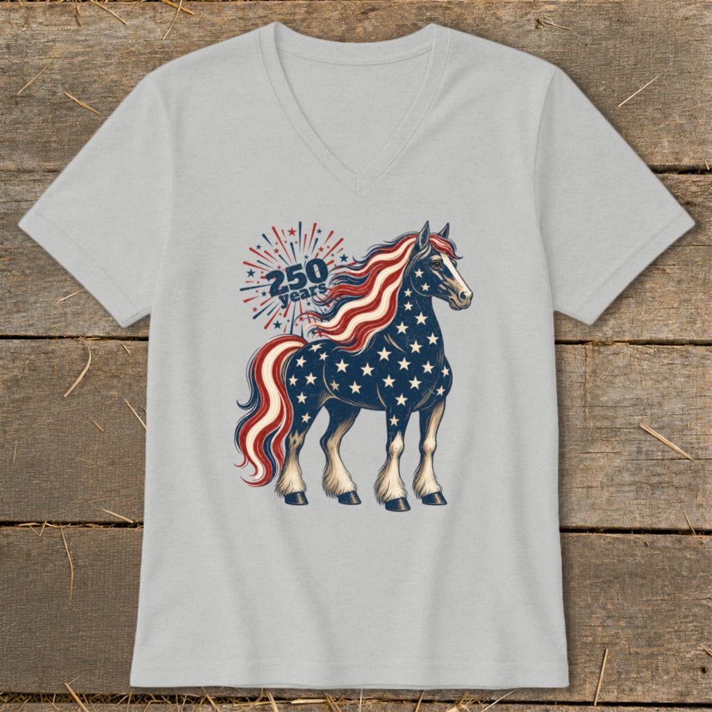 Horse with American flag pattern on body and mane, text "250 years".