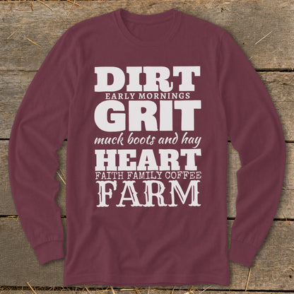 Maroon long sleeve shirt with DIRT, GRIT, HEART, FARM text and farm-related phrases.
