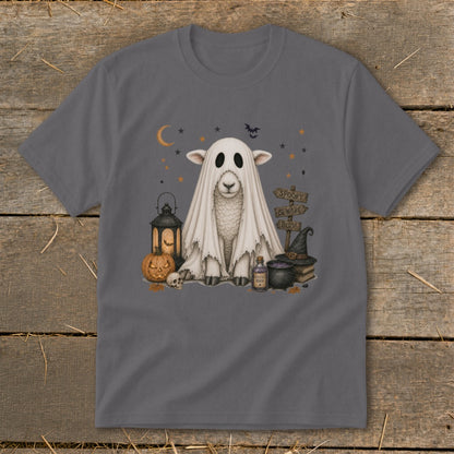 Sheep in ghost costume with Halloween decorations and signs reading "Spooky," "Beware," and "Boo!"