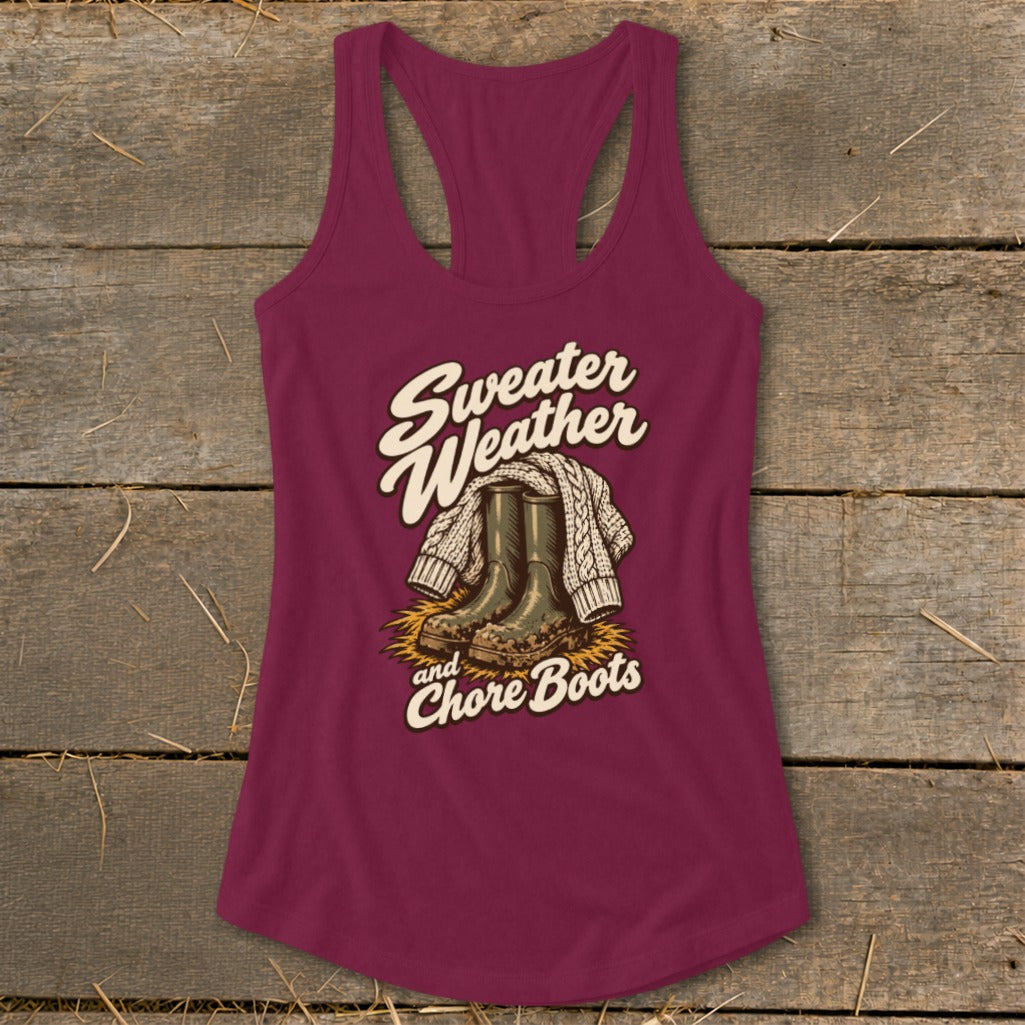 Maroon tank top with "Sweater Weather and Chore Boots" graphic.