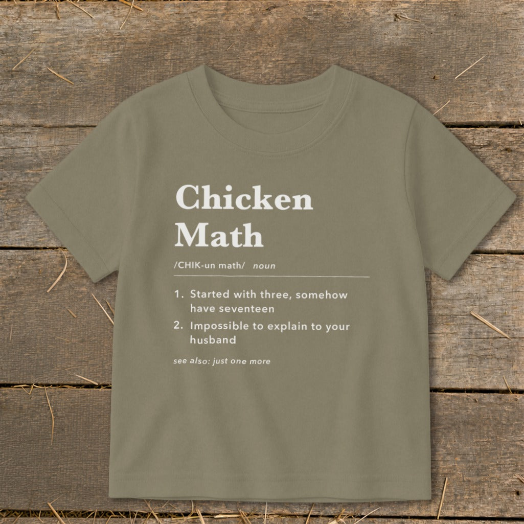 T-shirt with "Chicken Math" definition: Started with three, somehow have seventeen.