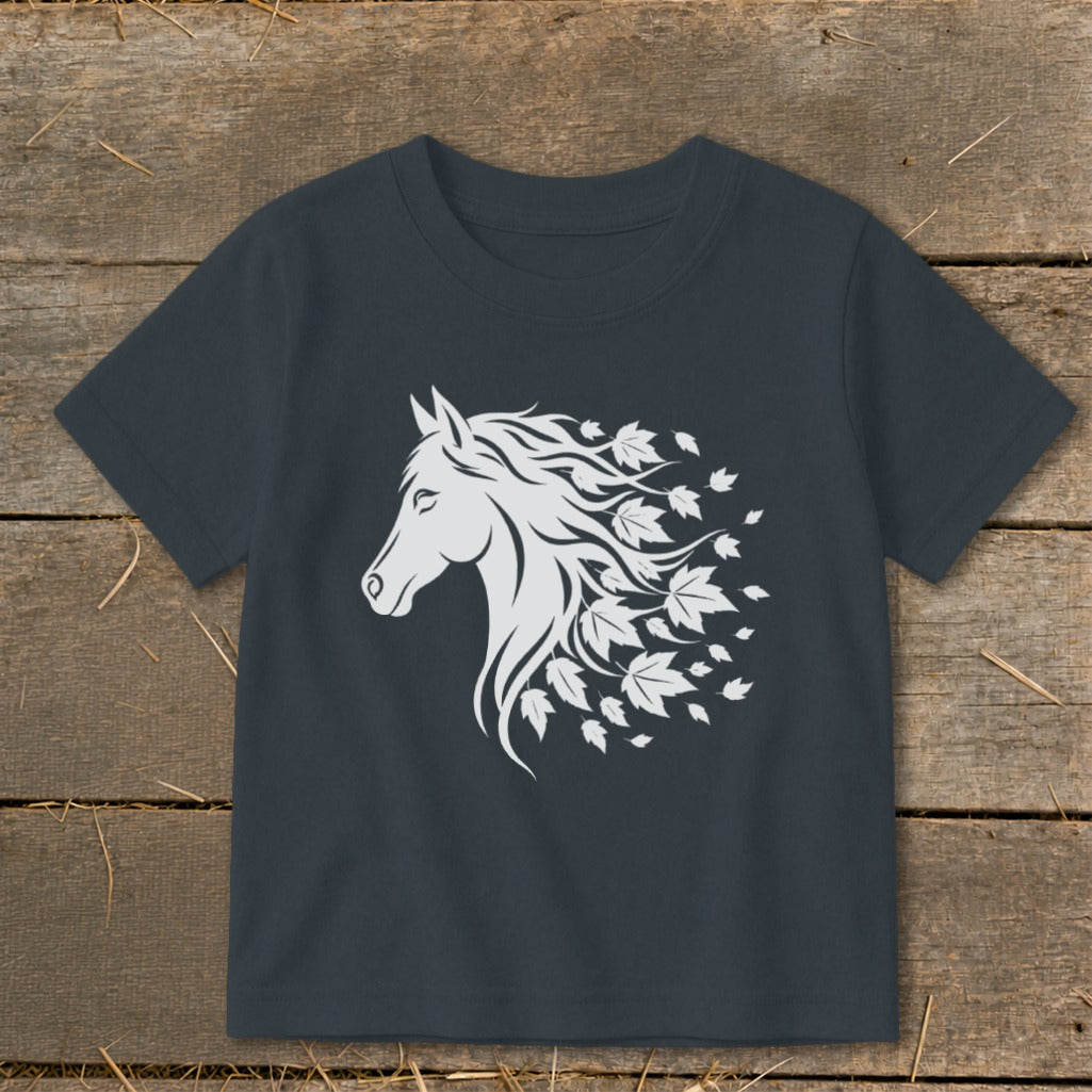 Dark gray t-shirt with white stylized horse head and falling maple leaves design.