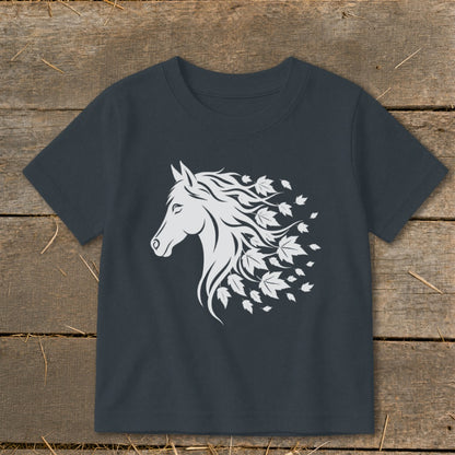 Dark gray t-shirt with white stylized horse head and falling maple leaves design.