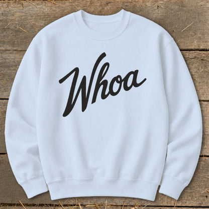 Light blue sweatshirt with "Whoa" printed in black script on the front.