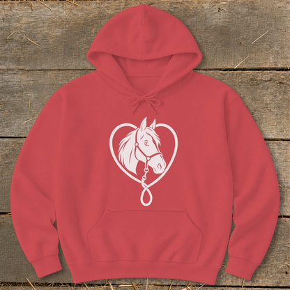 A red hoodie with a white graphic of a horse head inside a heart on the front.