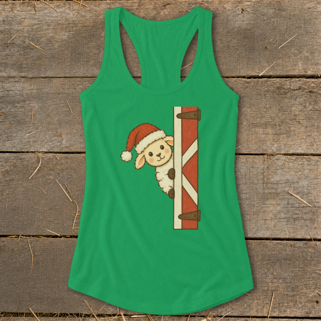 Green tank top with a graphic of a sheep wearing a Santa hat peeking from behind a barn door.