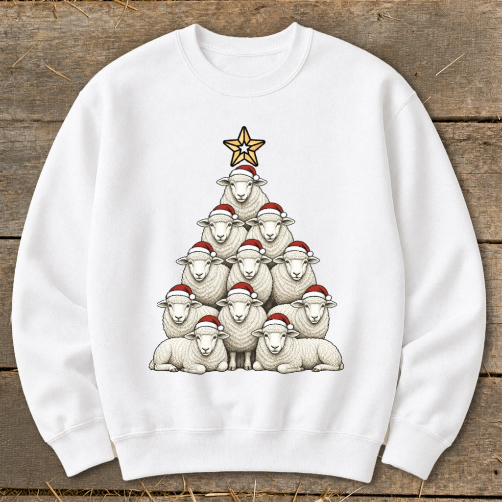 White sweatshirt with sheep stacked in a Christmas tree shape, wearing Santa hats.