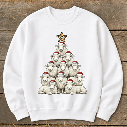 White sweatshirt with sheep stacked in a Christmas tree shape, wearing Santa hats.