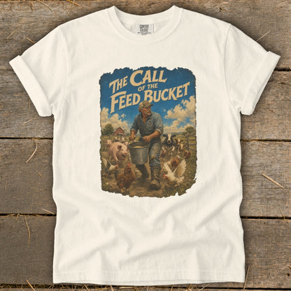 Farm scene with text "The Call of the Feed Bucket", farmer, pig, chickens, and cows.