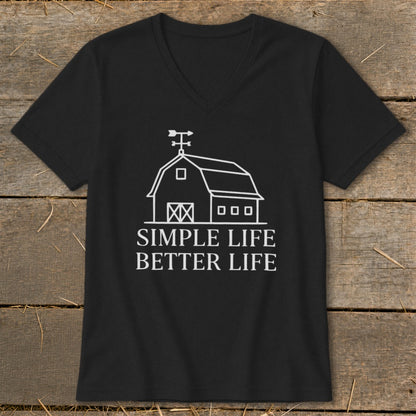 Black v-neck t-shirt with white barn graphic and text "SIMPLE LIFE BETTER LIFE."