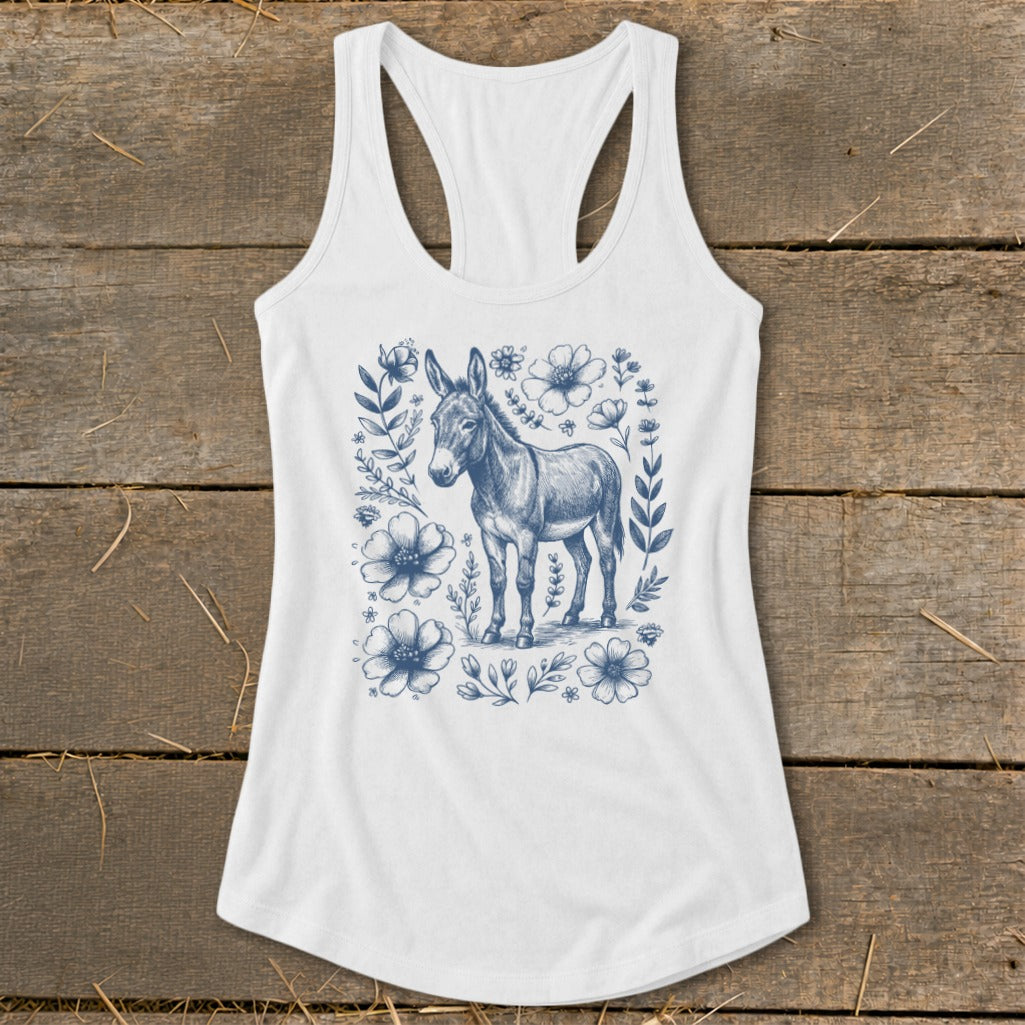 White tank top with blue sketch of a donkey surrounded by flowers.