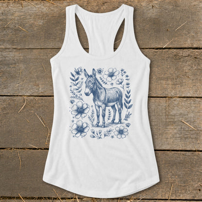 White tank top with blue sketch of a donkey surrounded by flowers.