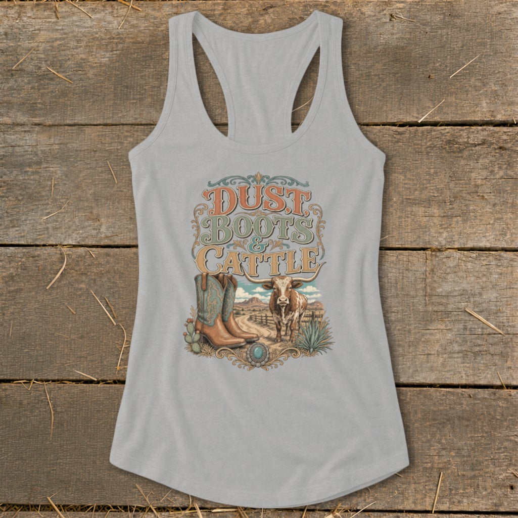 Grey tank top with "Dust Boots & Cattle" graphic featuring cowboy boots, cow, and desert landscape.