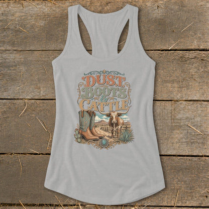 Grey tank top with "Dust Boots & Cattle" graphic featuring cowboy boots, cow, and desert landscape.