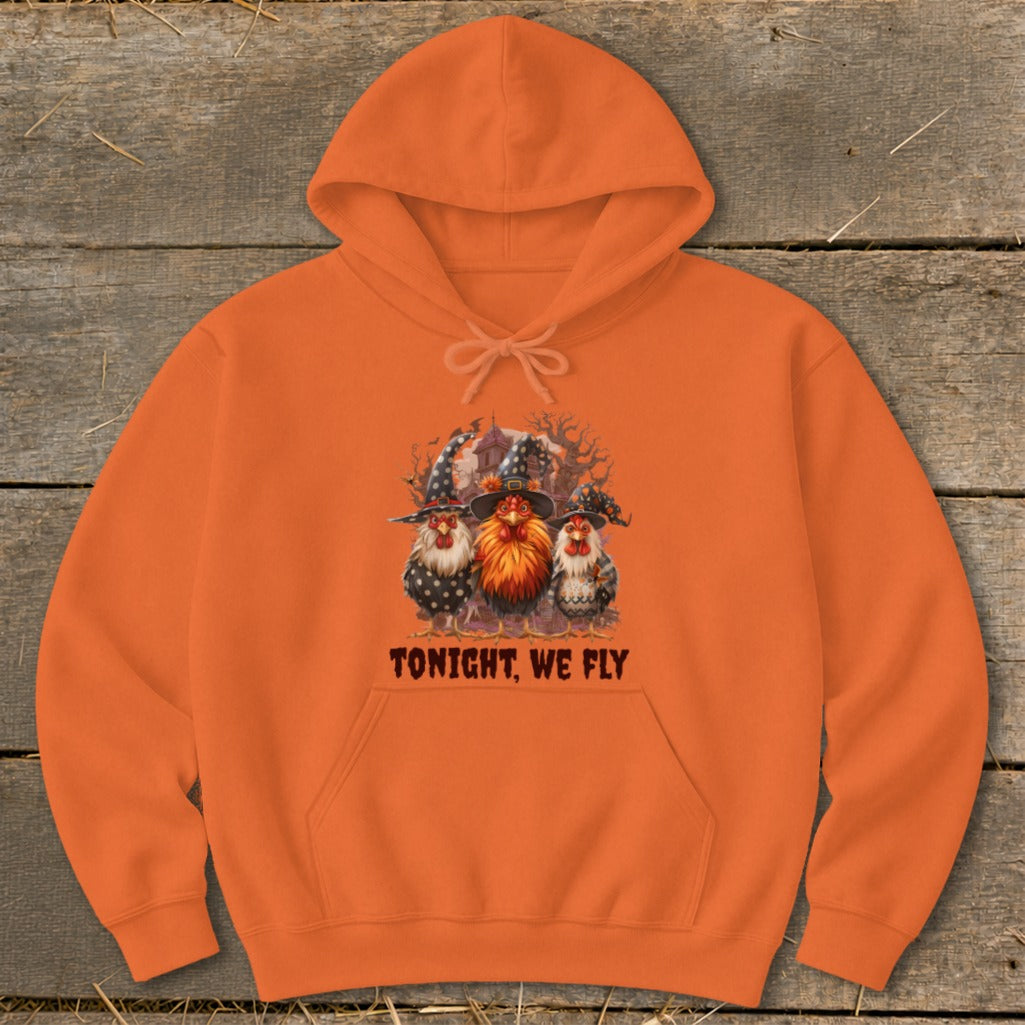 Orange hoodie with three cartoon chickens in witch hats and the text "TONIGHT, WE FLY".