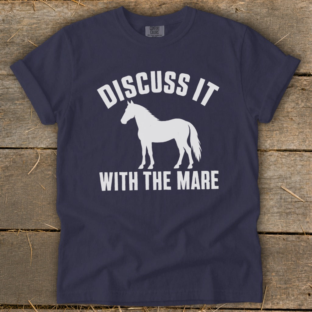 Navy t-shirt with white text "Discuss It With The Mare" and a horse silhouette.