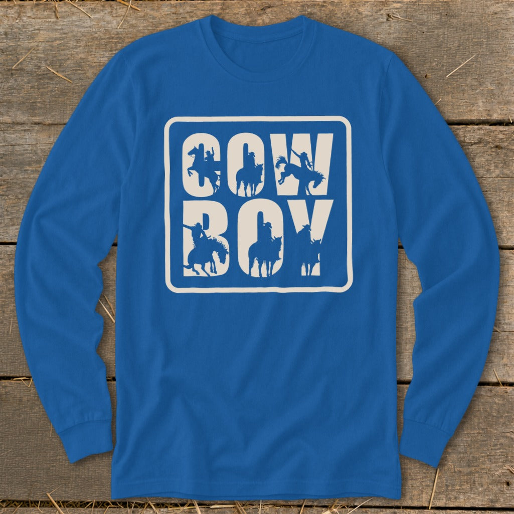 Blue long-sleeve shirt with "COW BOY" text and cowboy silhouettes.